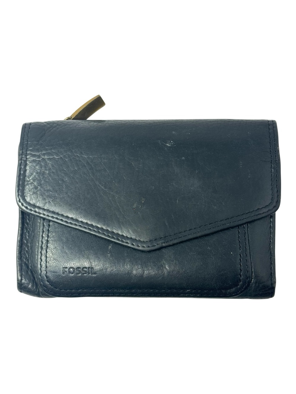 FOSSIL Women's Black Leather Wallet TriFold Flap Snap Closure Zip Vintage 90s